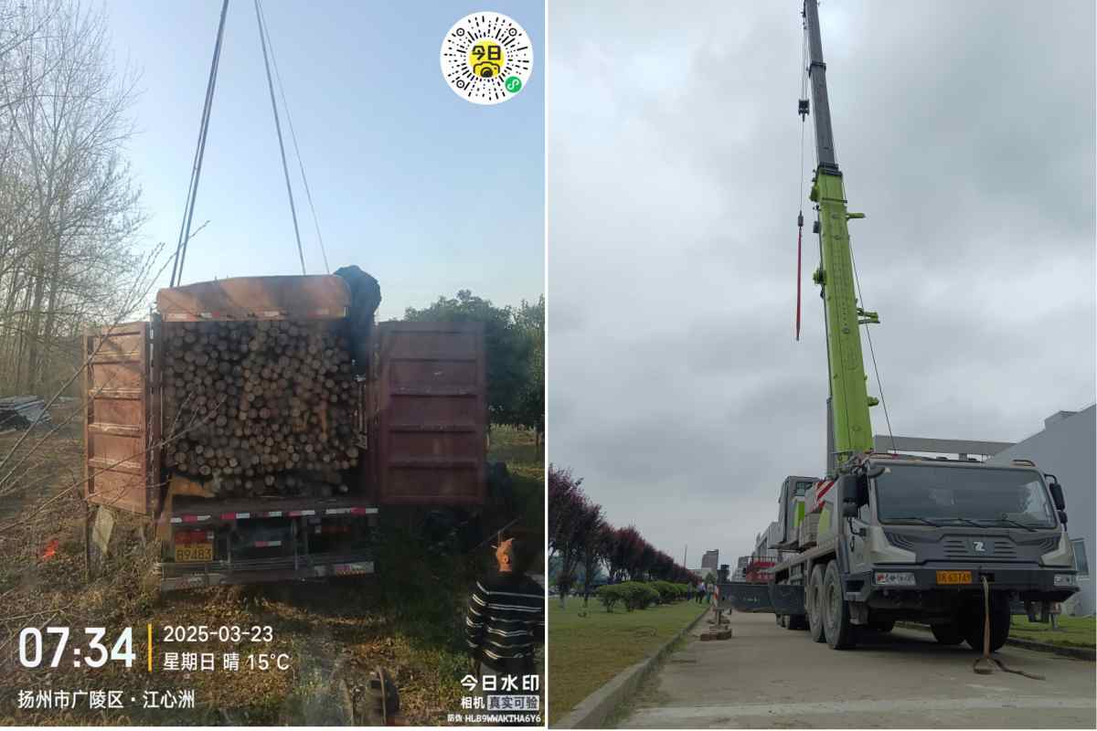 广陵区江心洲木材装卸作业实拍 吊车尹