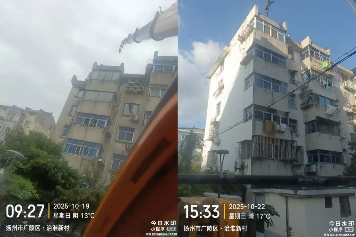 扬州广陵区治淮新村老旧小区改造吊车作业实拍 吊车尹